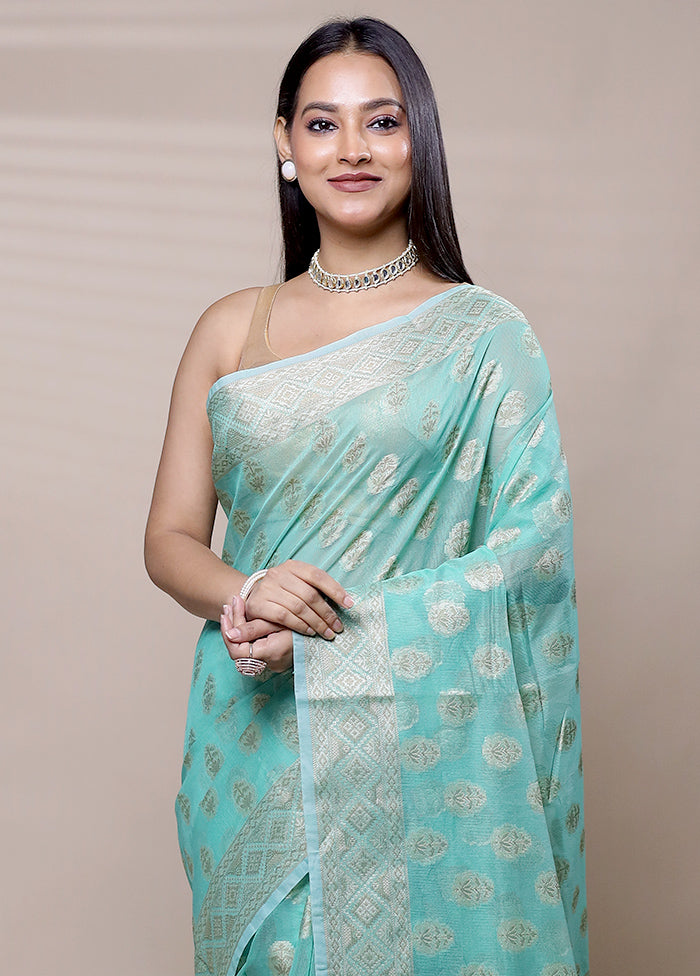 Green Net Saree With Blouse Piece