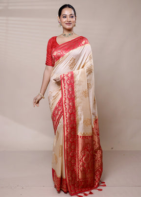 Cream Dupion Silk Saree With Blouse Piece