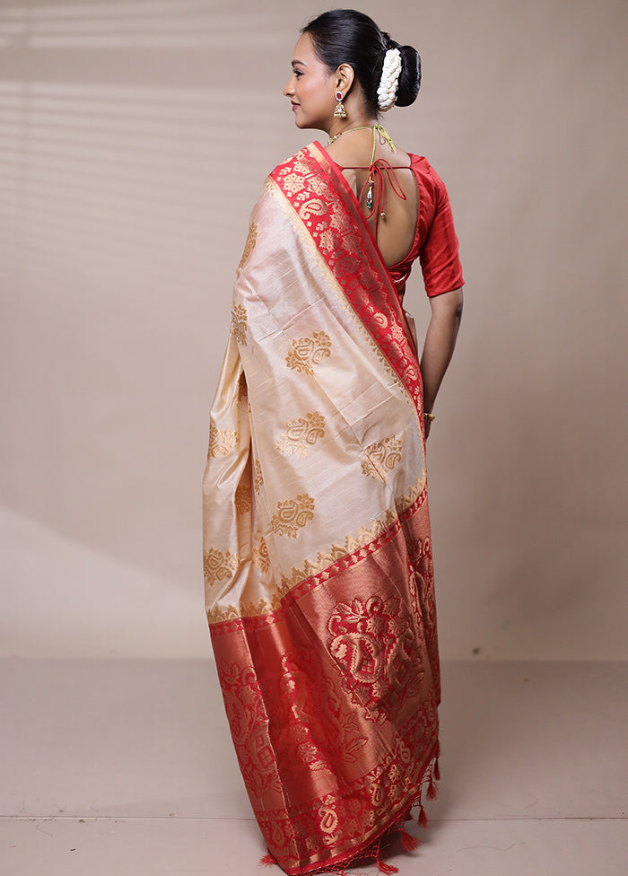 Cream Dupion Silk Saree With Blouse Piece