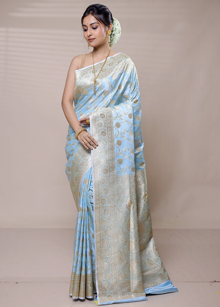 Sky Banarasi Silk Saree With Blouse Piece