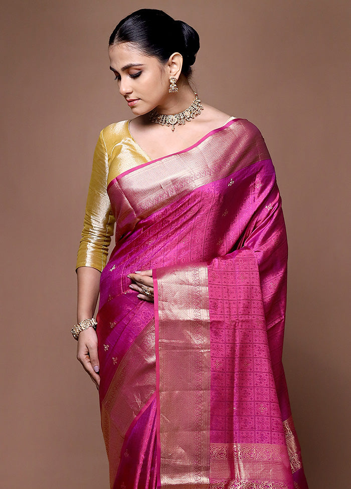 Pink Handloom Kanjivaram Pure Silk Saree With Blouse Piece