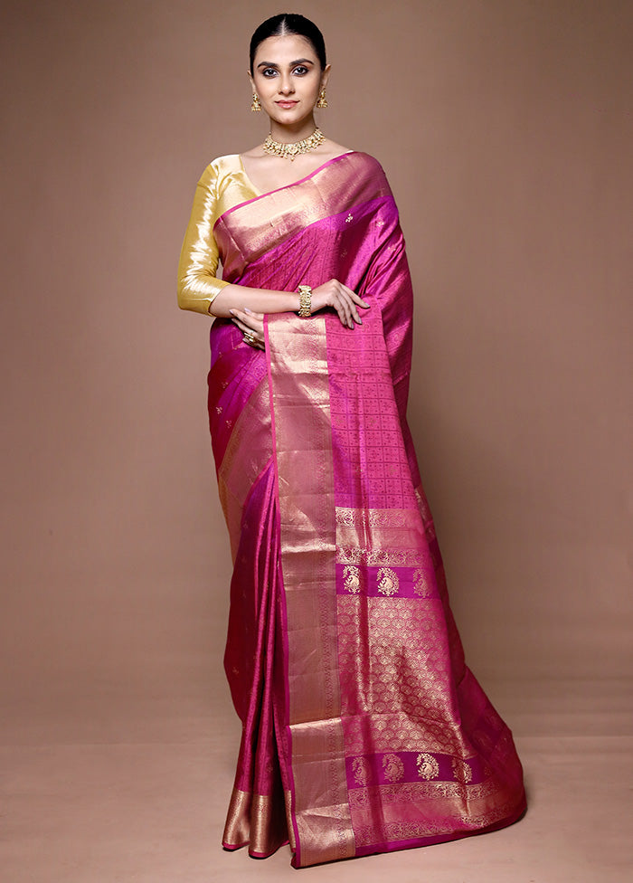 Pink Handloom Kanjivaram Pure Silk Saree With Blouse Piece