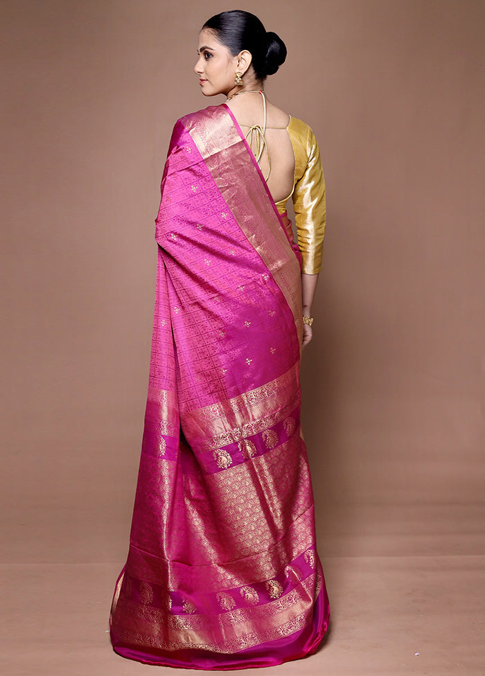 Pink Handloom Kanjivaram Pure Silk Saree With Blouse Piece