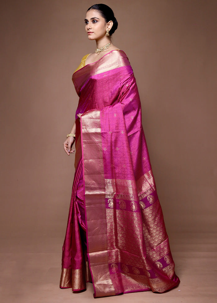 Pink Handloom Kanjivaram Pure Silk Saree With Blouse Piece