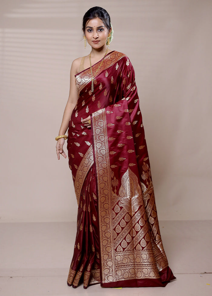 Maroon Banarasi Silk Saree With Blouse Piece