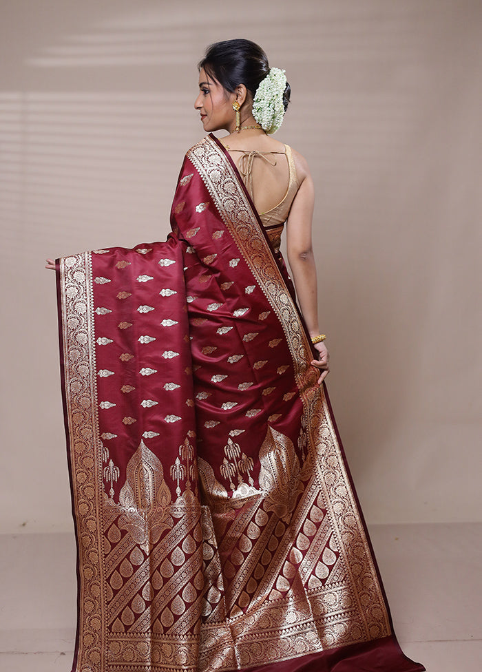 Maroon Banarasi Silk Saree With Blouse Piece