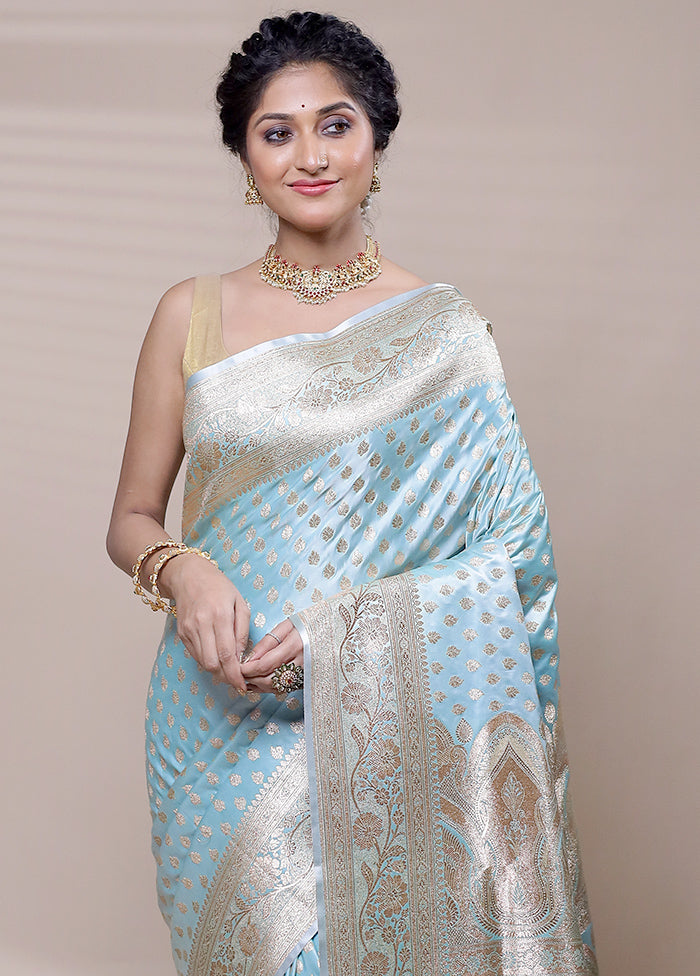 Blue Banarasi Silk Saree With Blouse Piece