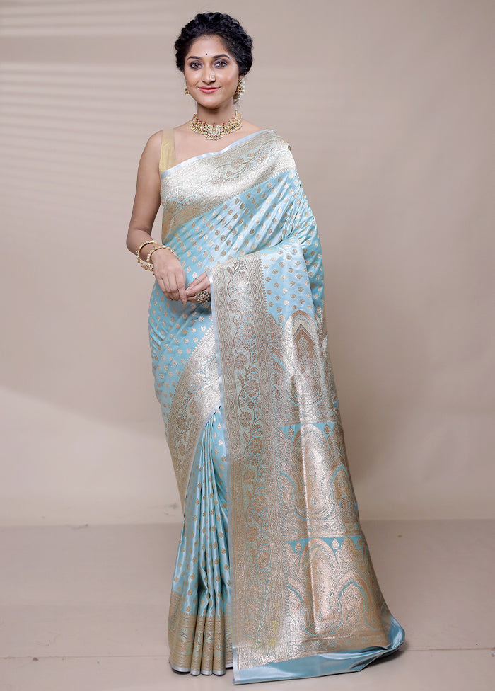 Blue Banarasi Silk Saree With Blouse Piece