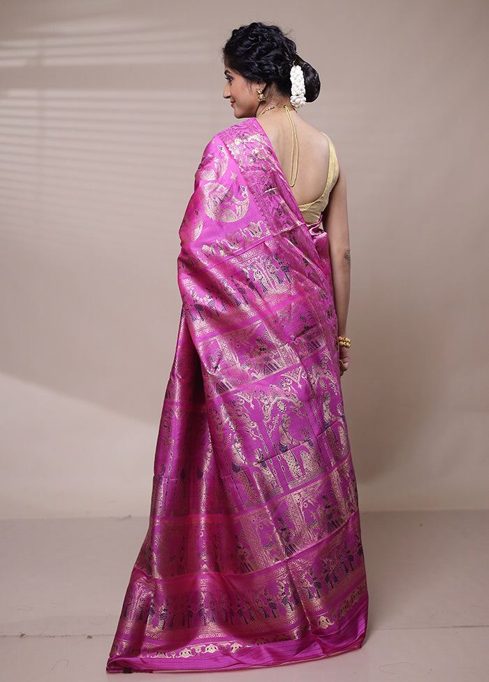 Purple Handloom Baluchari Pure Silk Saree With Blouse Piece