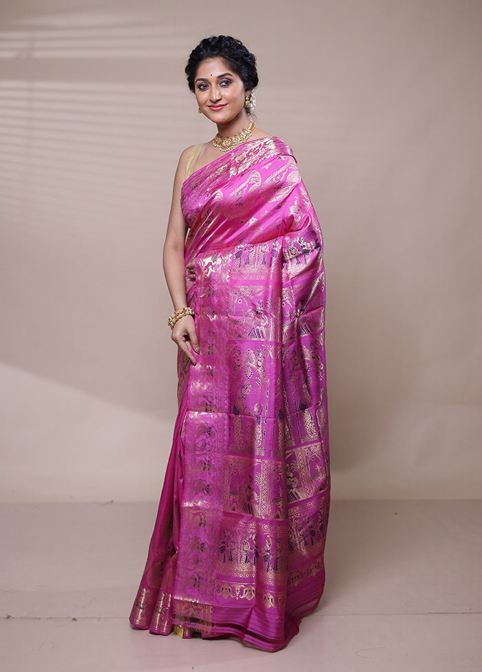 Purple Handloom Baluchari Pure Silk Saree With Blouse Piece