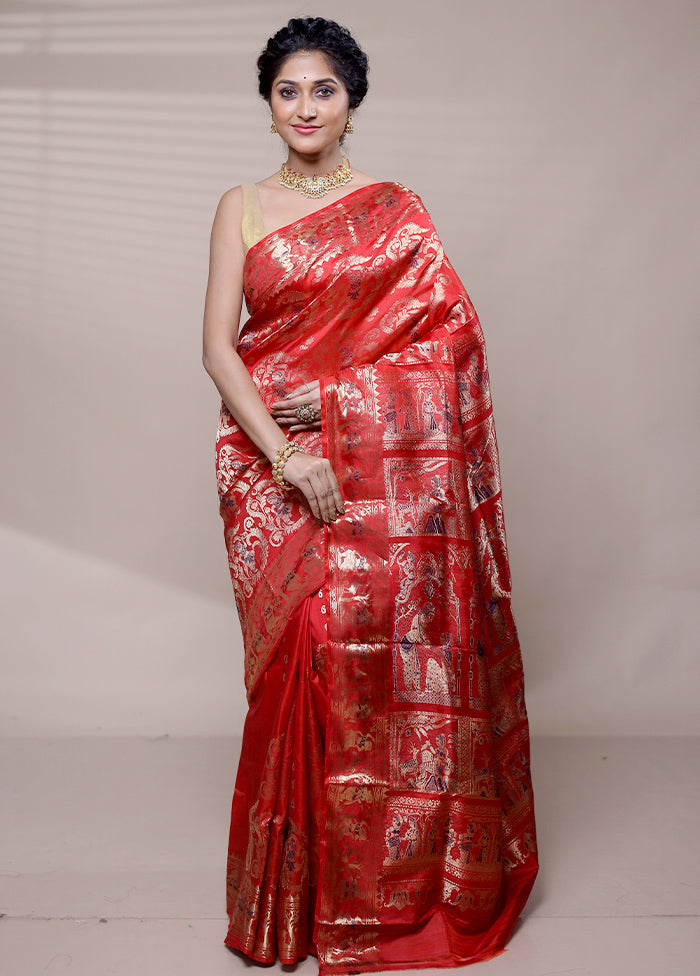 Red Handloom Baluchari Pure Silk Saree With Blouse Piece