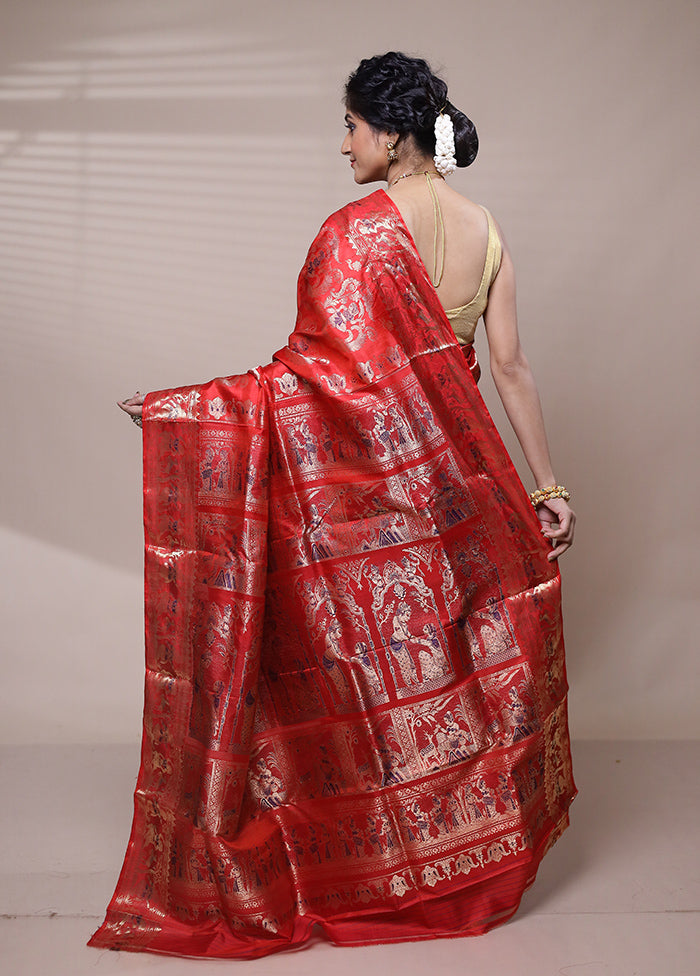 Red Handloom Baluchari Pure Silk Saree With Blouse Piece