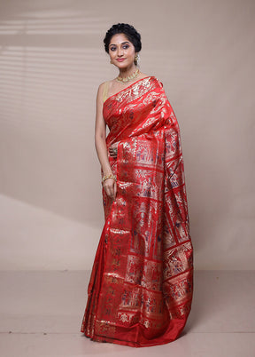 Red Handloom Baluchari Pure Silk Saree With Blouse Piece