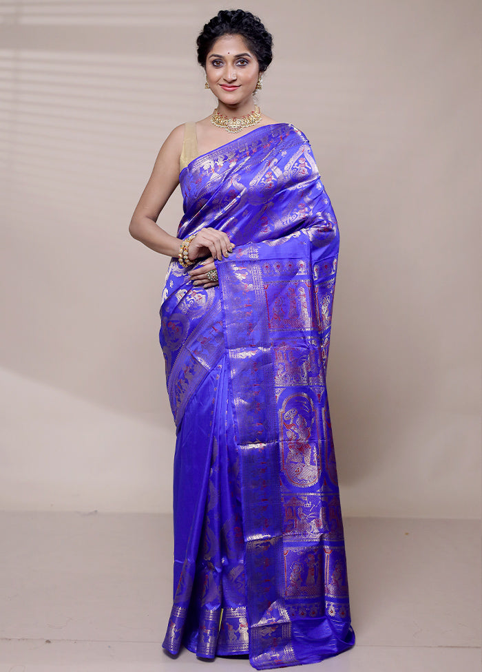 Violet Handloom Baluchari Pure Silk Saree With Blouse Piece