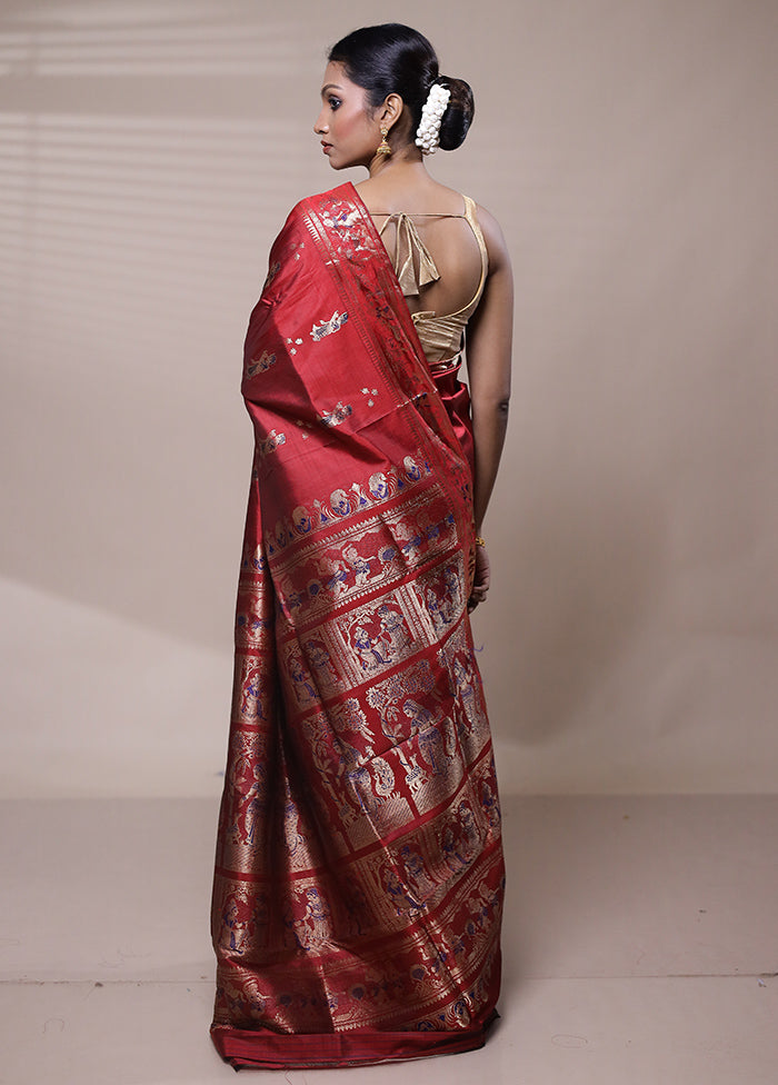 Red Handloom Baluchari Pure Silk Saree With Blouse Piece