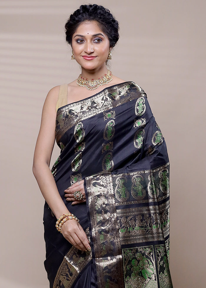 Black Handloom Baluchari Pure Silk Saree With Blouse Piece