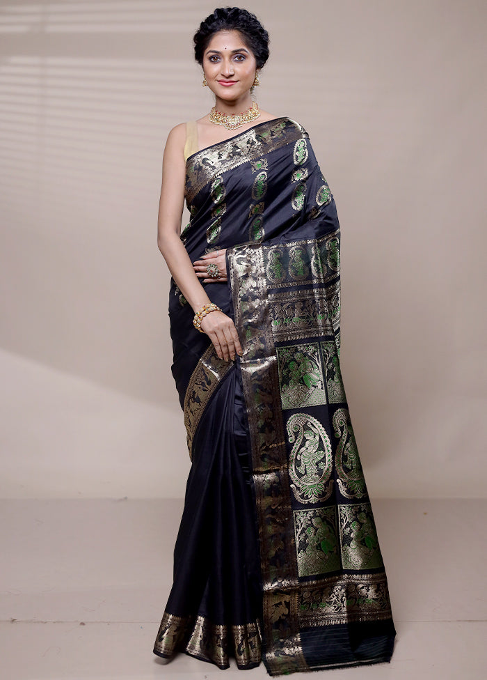 Black Handloom Baluchari Pure Silk Saree With Blouse Piece