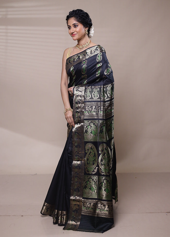 Black Handloom Baluchari Pure Silk Saree With Blouse Piece