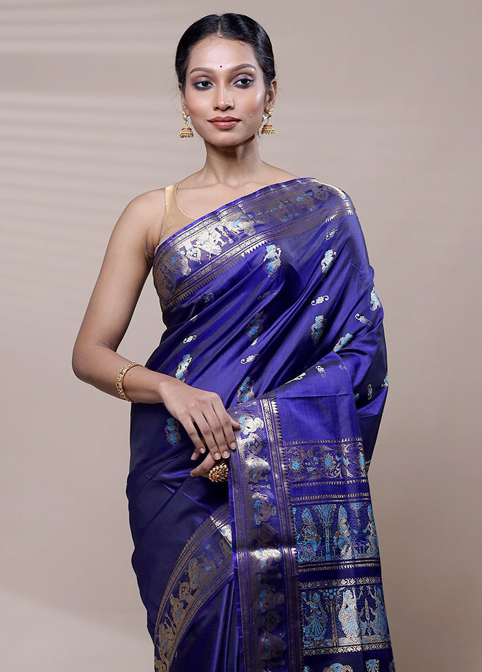 Blue Handloom Baluchari Pure Silk Saree With Blouse Piece