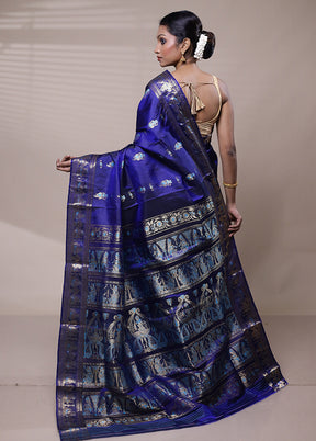 Blue Handloom Baluchari Pure Silk Saree With Blouse Piece