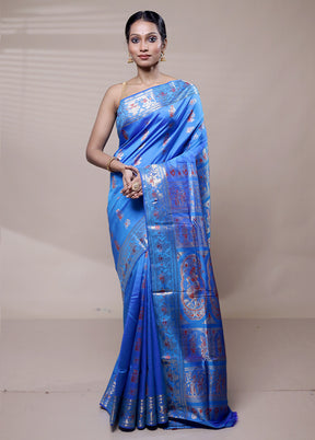 Blue Handloom Baluchari Pure Silk Saree With Blouse Piece