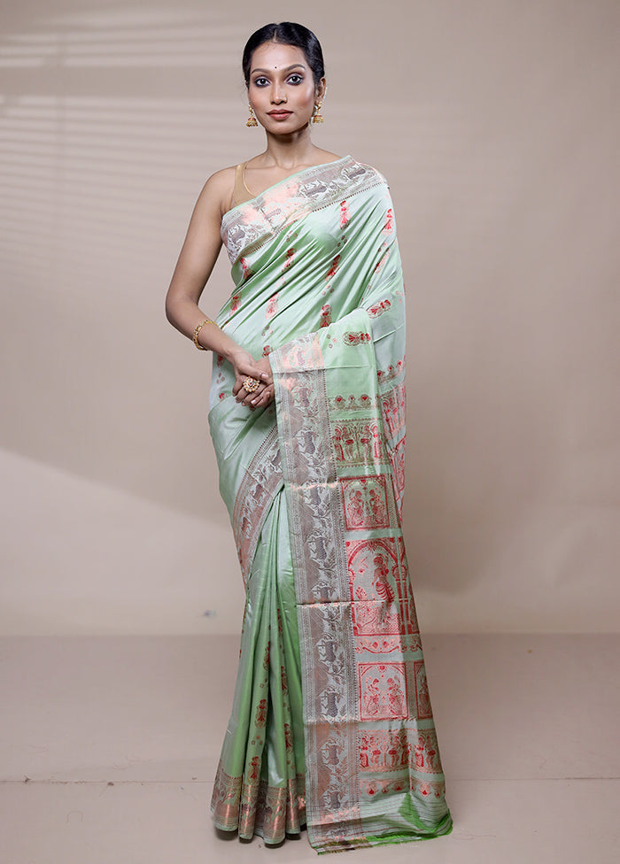 Green Handloom Baluchari Pure Silk Saree With Blouse Piece