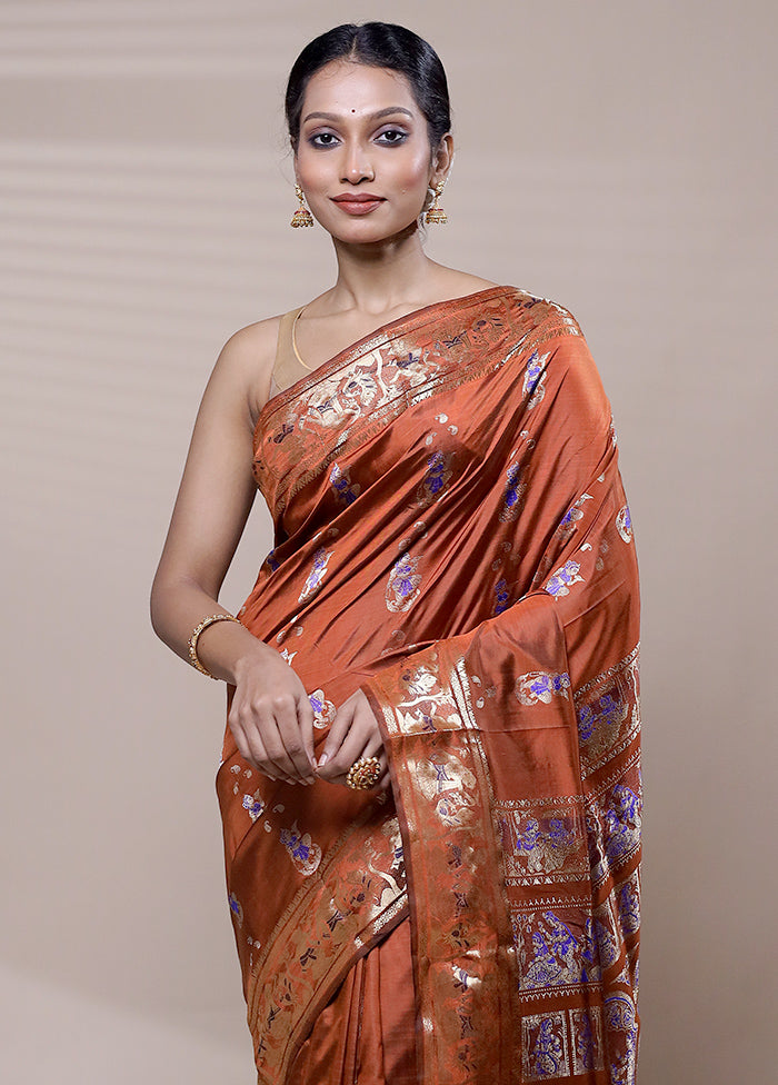 Rust Handloom Baluchari Pure Silk Saree With Blouse Piece