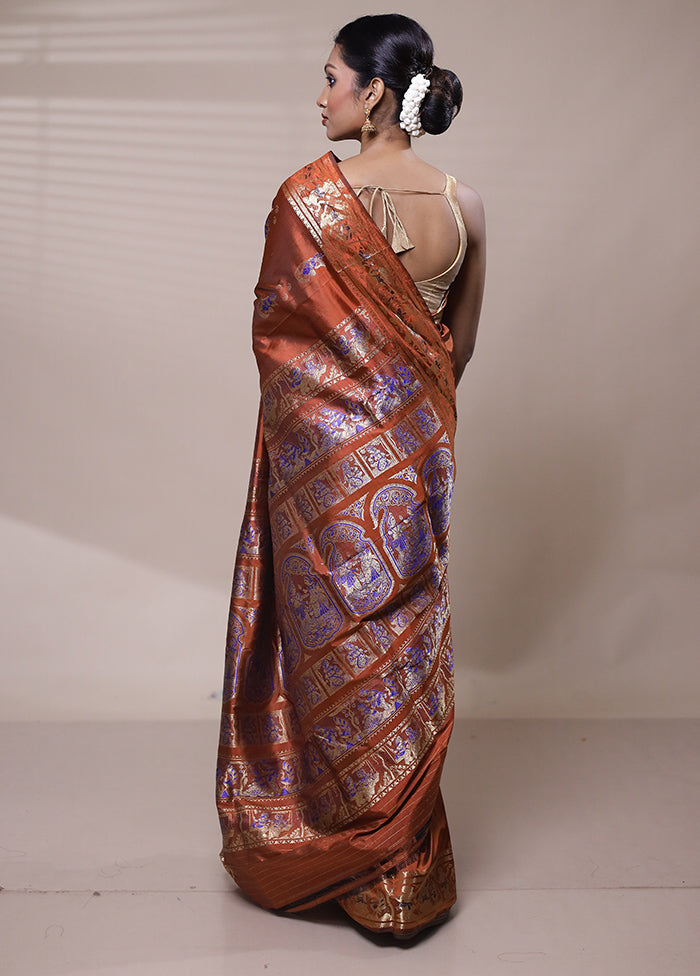 Rust Handloom Baluchari Pure Silk Saree With Blouse Piece