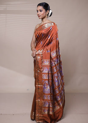 Rust Handloom Baluchari Pure Silk Saree With Blouse Piece