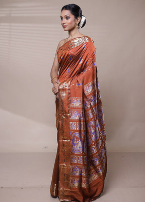 Rust Handloom Baluchari Pure Silk Saree With Blouse Piece