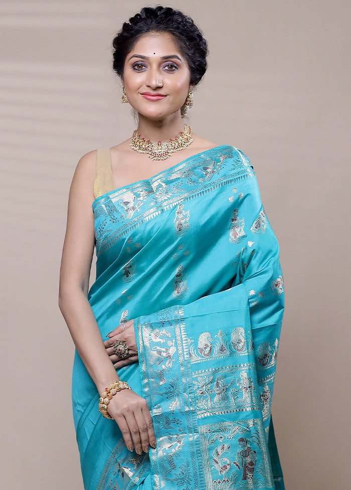 Blue Handloom Baluchari Pure Silk Saree With Blouse Piece