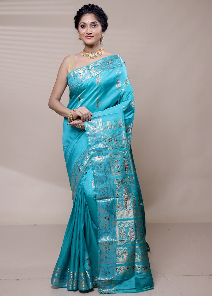 Blue Handloom Baluchari Pure Silk Saree With Blouse Piece