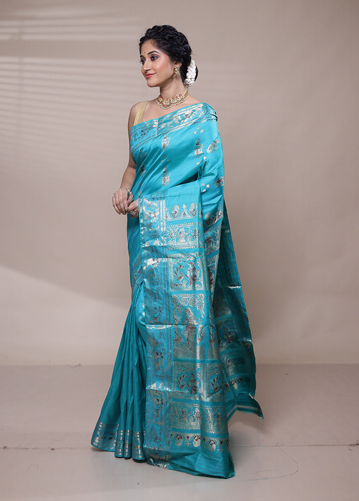 Blue Handloom Baluchari Pure Silk Saree With Blouse Piece