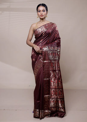 Wine Handloom Baluchari Pure Silk Saree With Blouse Piece