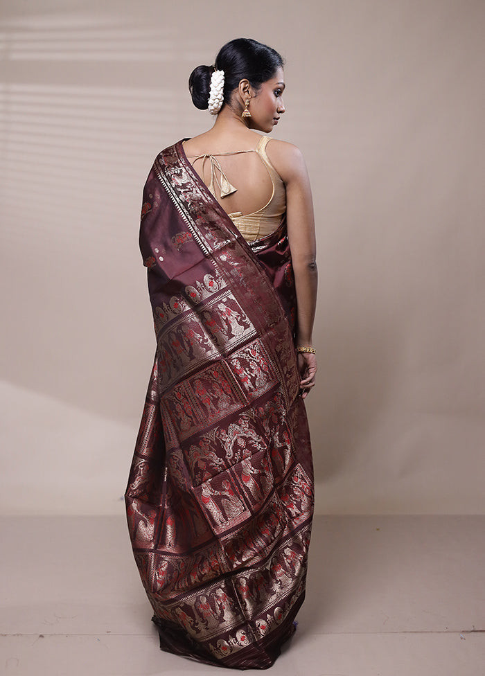 Wine Handloom Baluchari Pure Silk Saree With Blouse Piece