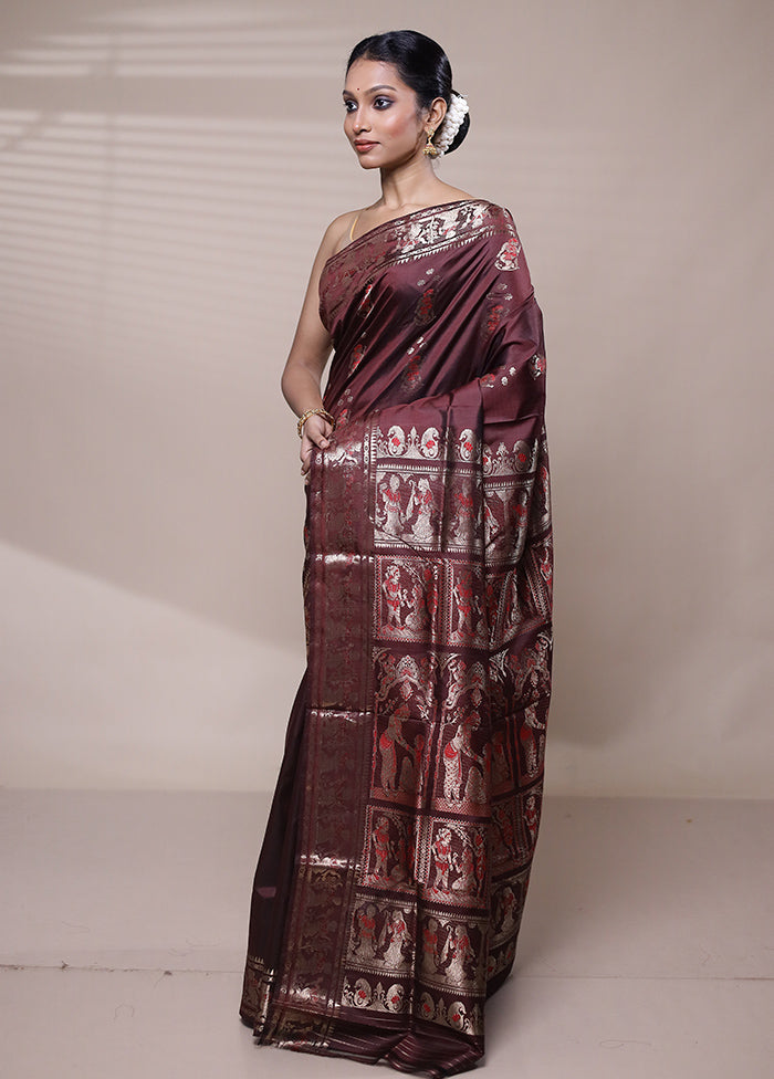 Wine Handloom Baluchari Pure Silk Saree With Blouse Piece