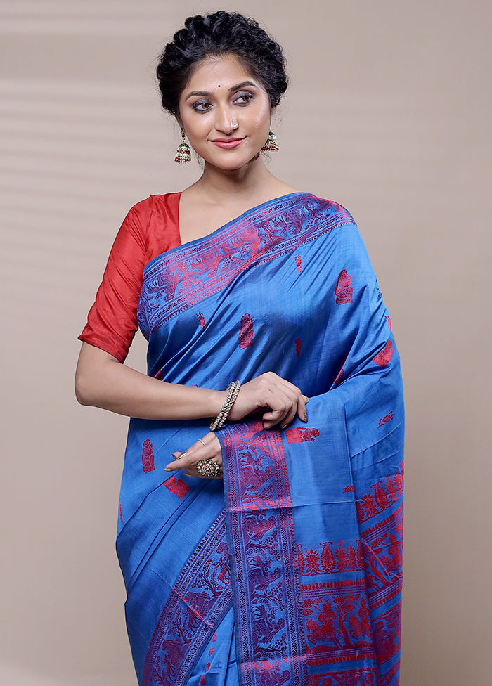 Blue Handloom Baluchari Pure Silk Saree With Blouse Piece