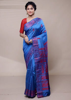 Blue Handloom Baluchari Pure Silk Saree With Blouse Piece