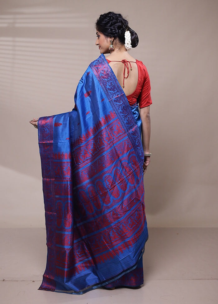 Blue Handloom Baluchari Pure Silk Saree With Blouse Piece