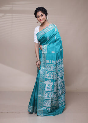 Blue Handloom Baluchari Pure Silk Saree With Blouse Piece