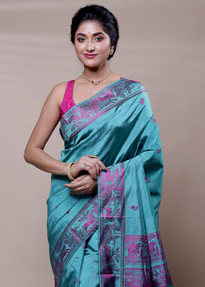 Blue Handloom Baluchari Pure Silk Saree With Blouse Piece