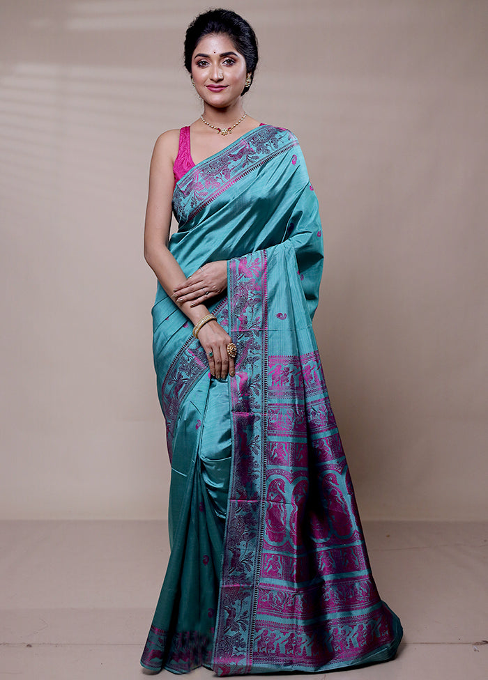 Blue Handloom Baluchari Pure Silk Saree With Blouse Piece