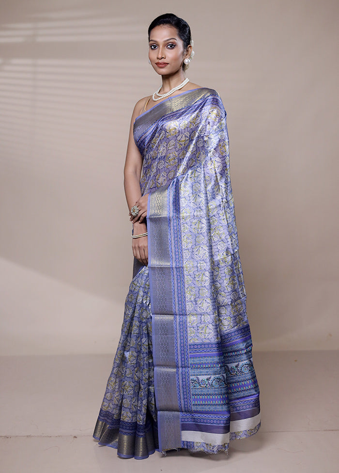 Purple Printed Silk Saree Without Blouse Piece