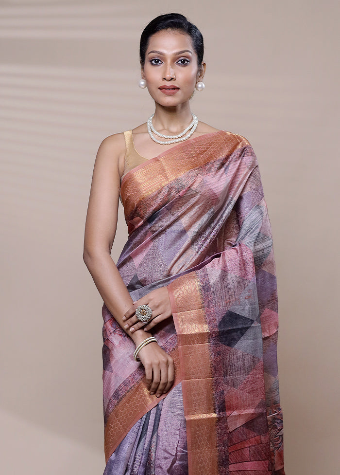 Purple Printed Silk Saree Without Blouse Piece