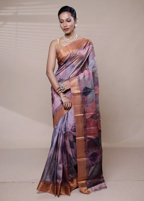 Purple Printed Silk Saree Without Blouse Piece