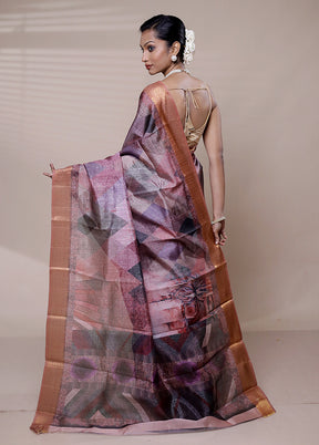 Purple Printed Silk Saree Without Blouse Piece