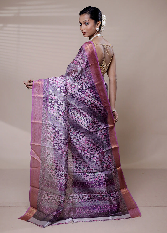 Purple Printed Silk Saree Without Blouse Piece