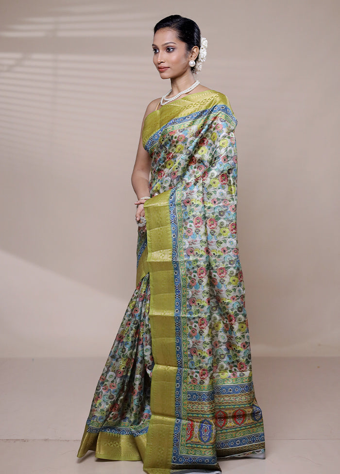 Blue Printed Silk Saree Without Blouse Piece