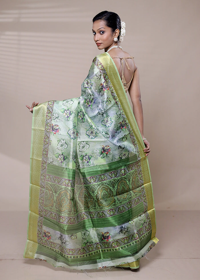 Green Printed Silk Saree Without Blouse Piece