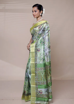 Green Printed Silk Saree Without Blouse Piece